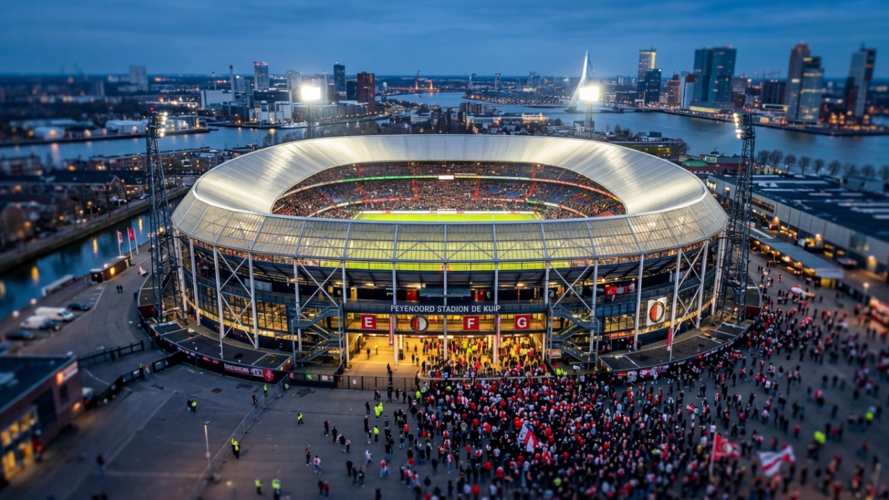 Com seu formato de caldeirão de 1937 e 51.117 lugares, o estádio De Kuip em Roterdã tornou-se um dos palcos mais intimidadores do futebol europeu