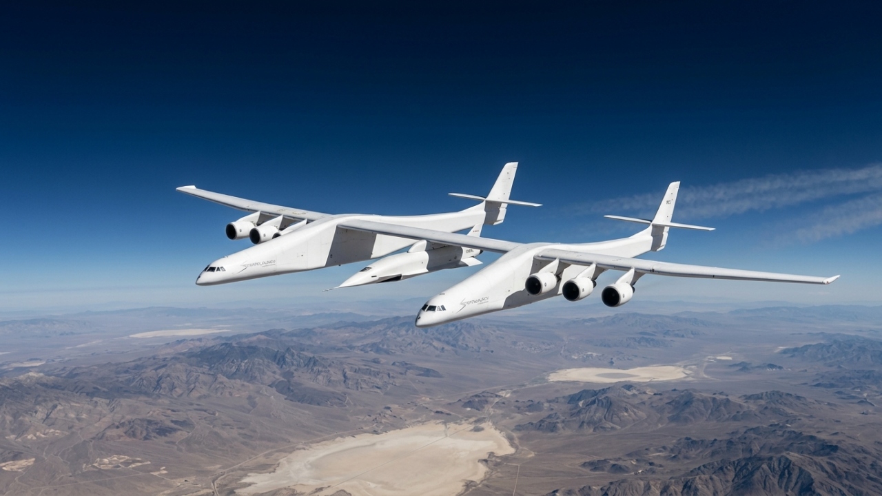 A maior aeronave do mundo tem 117 metros de asa, 28 rodas no trem de pouso e lança foguetes diretamente da estratosfera