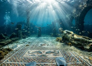 Cidade romana submersa há 1.700 anos no litoral da Itália exibe mosaicos intactos e vilas luxuosas preservadas pelo mar após fenômeno geológico raro no Mediterrâneo