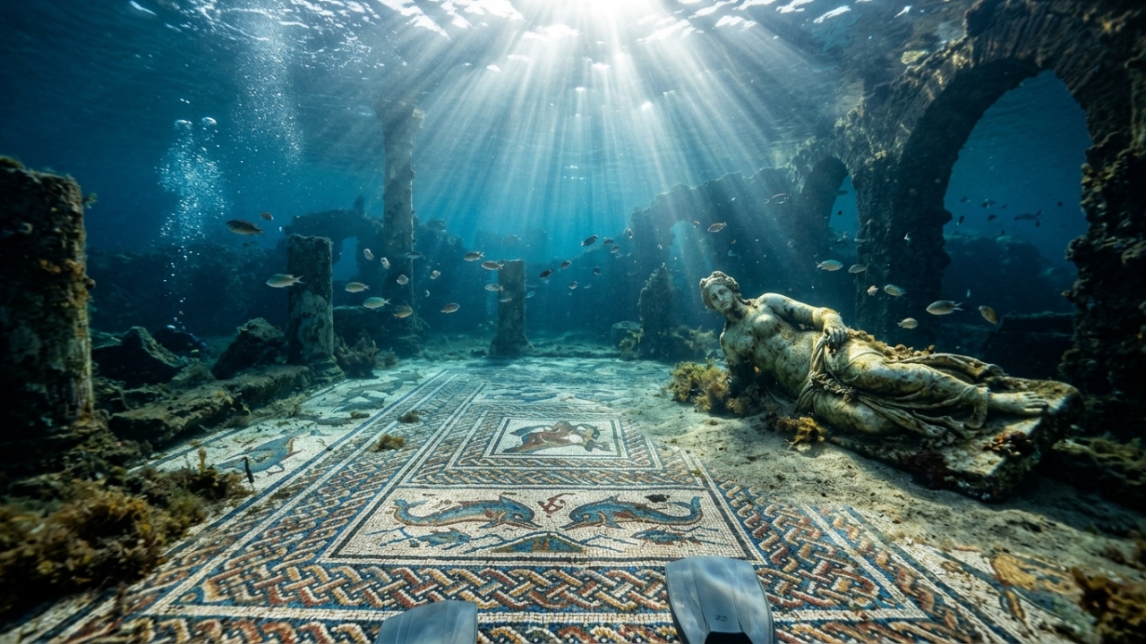 Cidade romana submersa há 1.700 anos no litoral da Itália exibe mosaicos intactos e vilas luxuosas preservadas pelo mar após fenômeno geológico raro no Mediterrâneo
