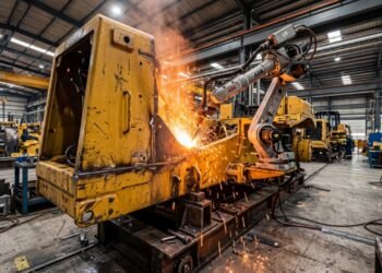 Com aço forjado em altas temperaturas e soldagem robotizada, a fabricação de tratores de esteira cria máquinas de 30 toneladas, para o trabalho bruto