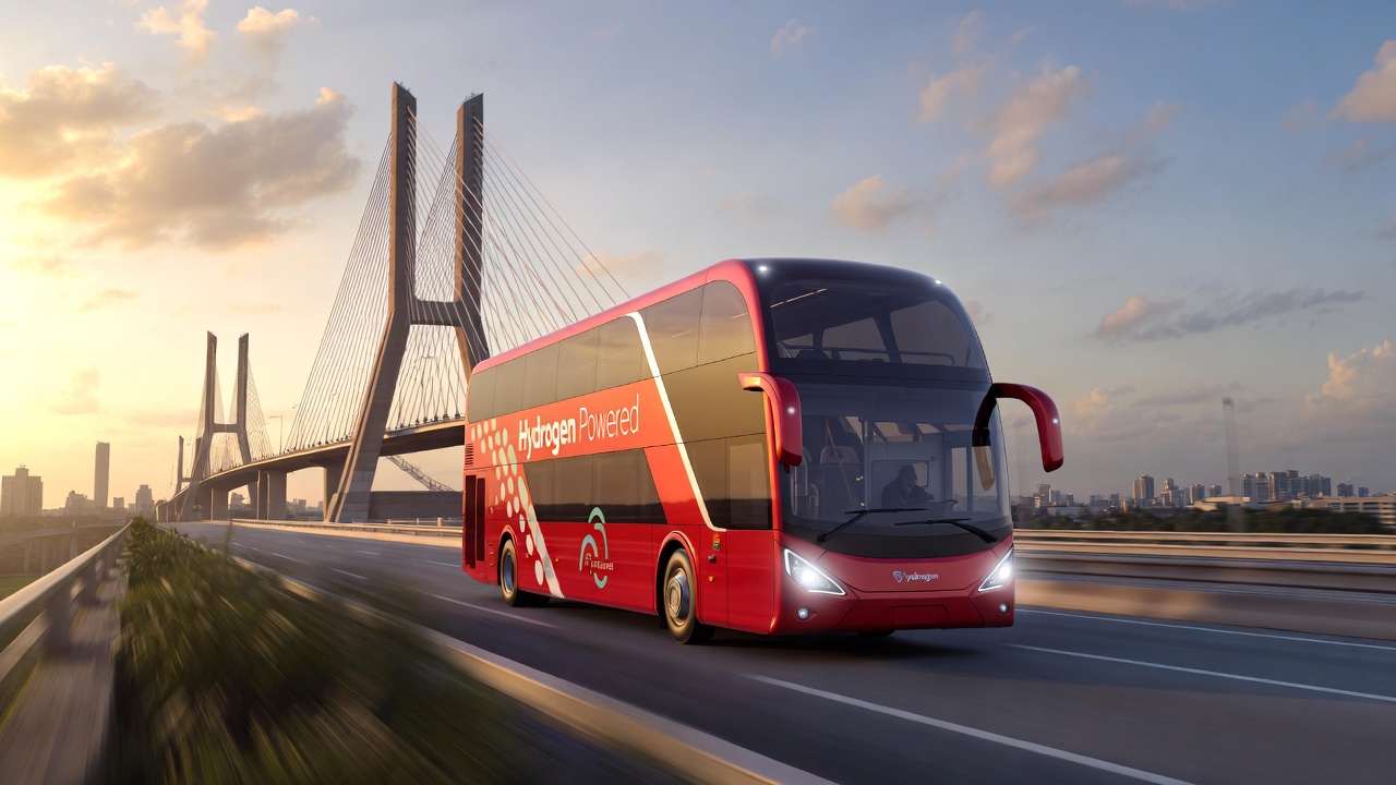 O primeiro ônibus de dois andares a hidrogênio Wrightbus StreetDeck abastece em apenas 8 minutos e cruza a cidade de Londres por 450 km liberando somente água no escapamento