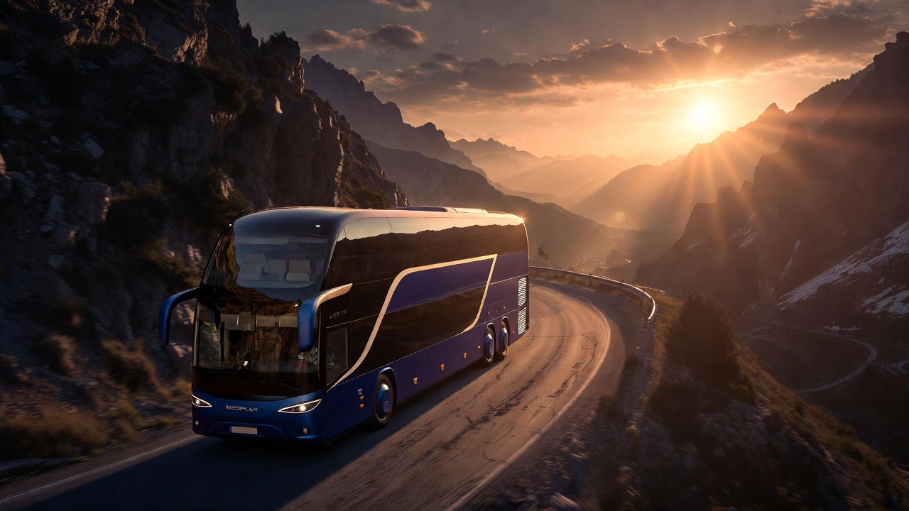 O icônico modelo de dois andares Neoplan Skyliner leva 83 turistas com teto panorâmico de vidro e utiliza suspensão inteligente para evitar oscilações em alta velocidade