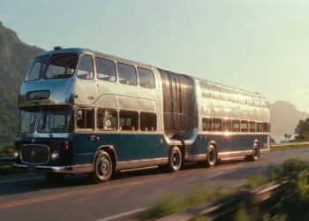 O colossal ônibus articulado de dois andares, o Neoplan Jumbocruiser, transporta 170 passageiros e parece um verdadeiro transatlântico nas rodovias