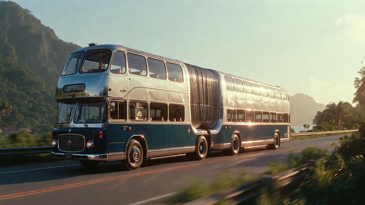 O colossal ônibus articulado de dois andares, o Neoplan Jumbocruiser, transporta 170 passageiros e parece um verdadeiro transatlântico nas rodovias