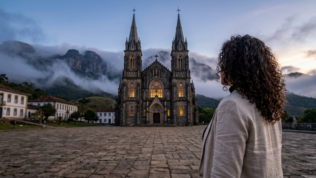Com sua fachada neogótica de 1883 e cercado por serras, o santuário mineiro tornou-se o maior centro de peregrinação e preservação de Minas Gerais