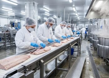 Com cozimento em autoclave e limpeza manual rigorosa, o processamento industrial de atum garante anos de validade na lata, mantendo o padrão mundial