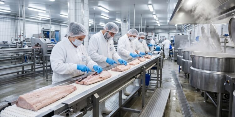 Com cozimento em autoclave e limpeza manual rigorosa, o processamento industrial de atum garante anos de validade na lata, mantendo o padrão mundial