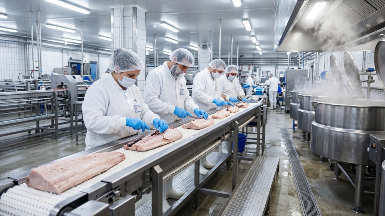 Com cozimento em autoclave e limpeza manual rigorosa, o processamento industrial de atum garante anos de validade na lata, mantendo o padrão mundial