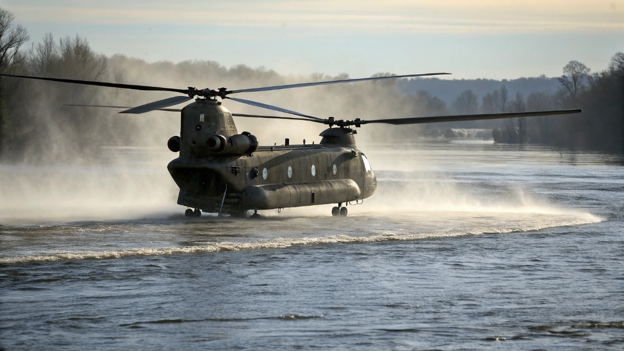 O helicóptero bizarro de 2 rotores que consegue pousar a parte traseira na água enquanto o resto flutua no ar