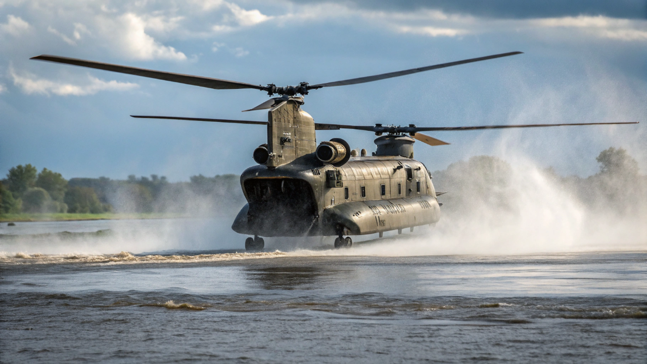 O helicóptero bizarro de 2 rotores que consegue pousar a parte traseira na água enquanto o resto flutua no ar