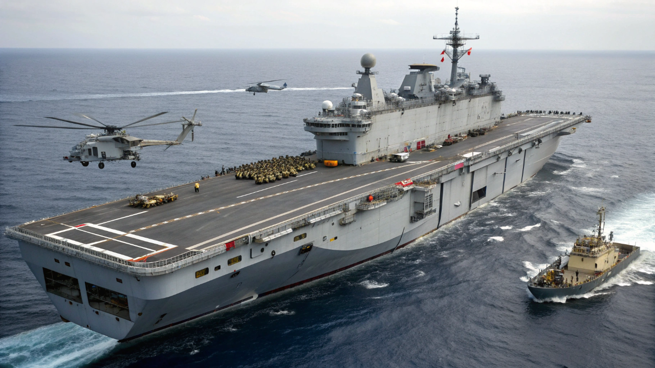 O navio de assalto que funciona como base de helicópteros, garagem de tanques e hospital de alta tecnologia em alto mar