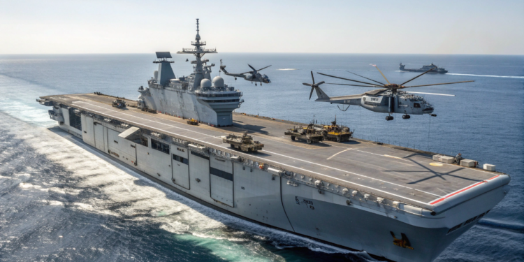 O navio de assalto que funciona como base de helicópteros, garagem de tanques e hospital de alta tecnologia em alto mar