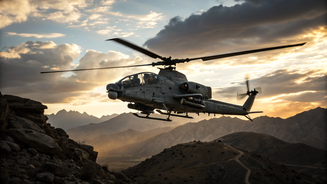 O helicóptero de ataque agressivo construído com hélices de fibra de carbono que resistem a tiros diretos de canhão de 23 mm