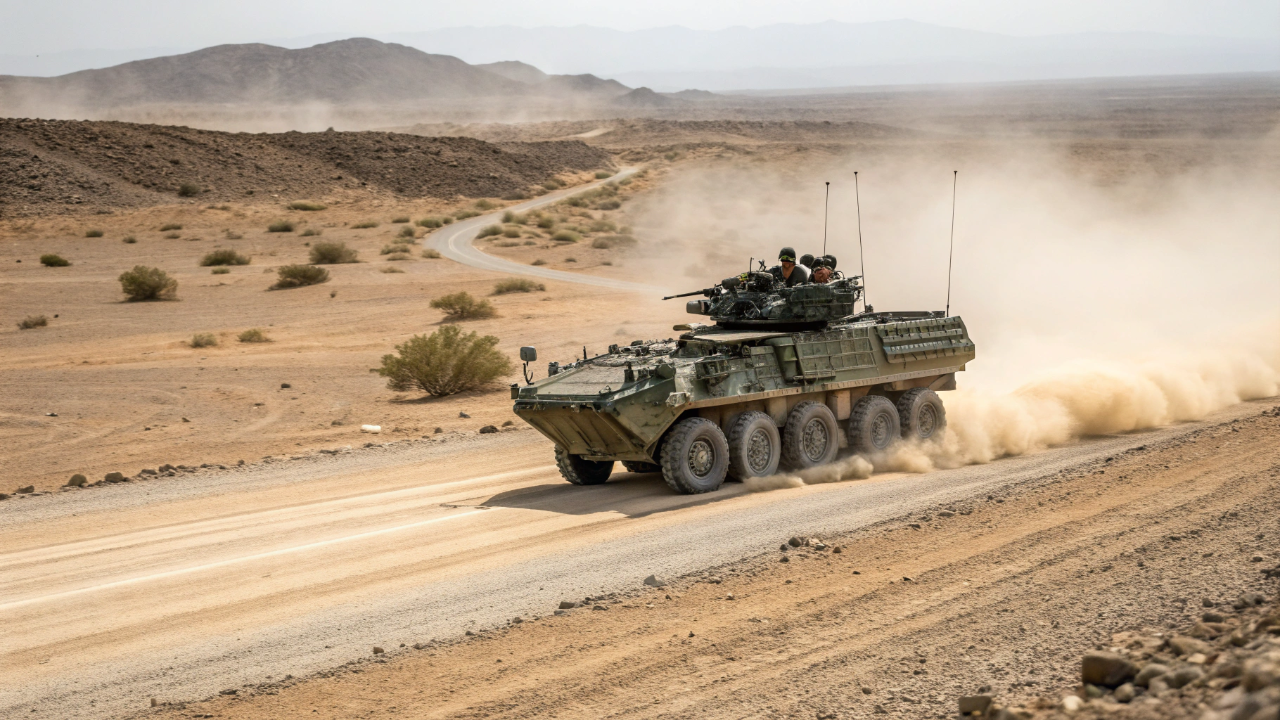 O blindado de oito rodas que dispensa esteiras para transportar soldados a 100 km/h em segurança nas estradas