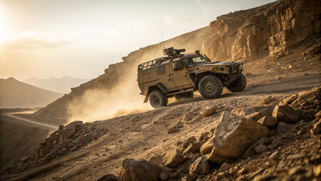 O caminhão blindado tático construído sobre 1 chassi flexível que torce nas dunas mas mantém a tropa 100% imune a minas