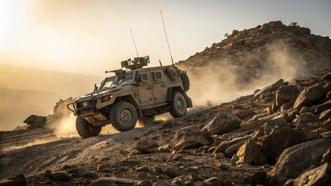 O caminhão blindado tático construído sobre 1 chassi flexível que torce nas dunas mas mantém a tropa 100% imune a minas