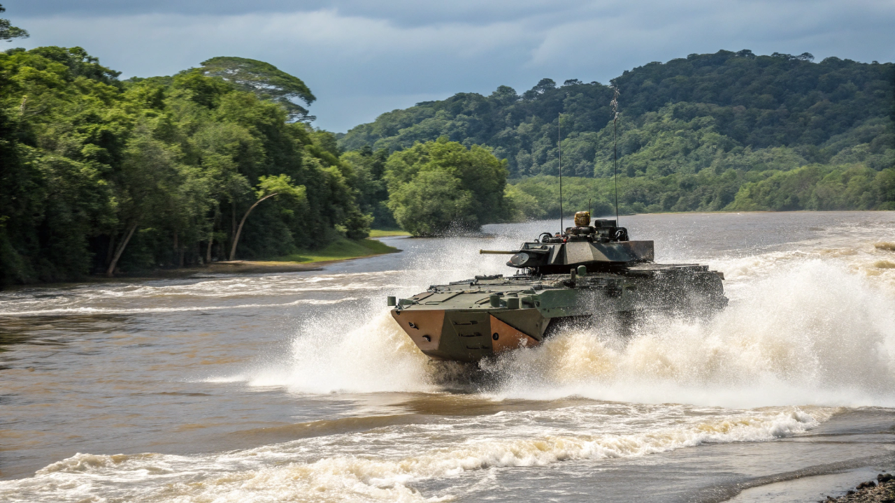 O blindado anfíbio de 18 toneladas fabricado no Brasil que flutua em rios e resiste a tiros de grosso calibre