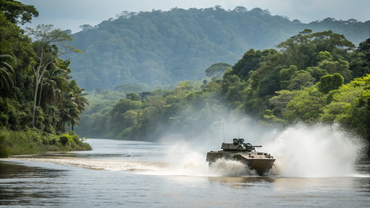 O blindado anfíbio de 18 toneladas fabricado no Brasil que flutua em rios e resiste a tiros de grosso calibre