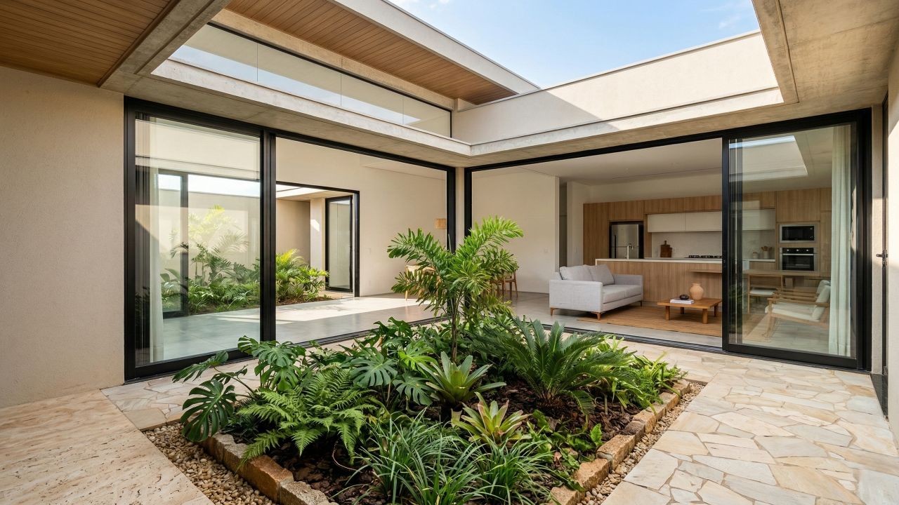 Projeto de casa térrea de 10x25 usa pátio interno, portas de vidro e jardim para criar ambientes integrados e mais confortáveis
