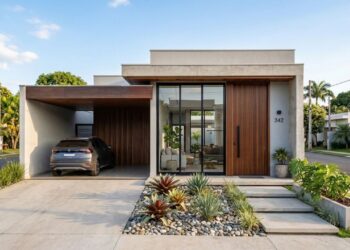 Projeto de casa térrea de 10x25 usa pátio interno, portas de vidro e jardim para criar ambientes integrados e mais confortáveis