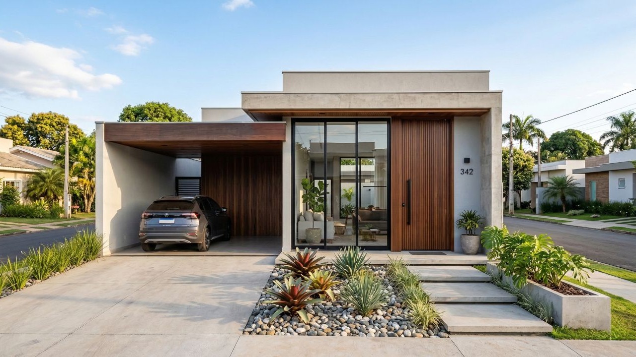 Projeto de casa térrea de 10x25 usa pátio interno, portas de vidro e jardim para criar ambientes integrados e mais confortáveis