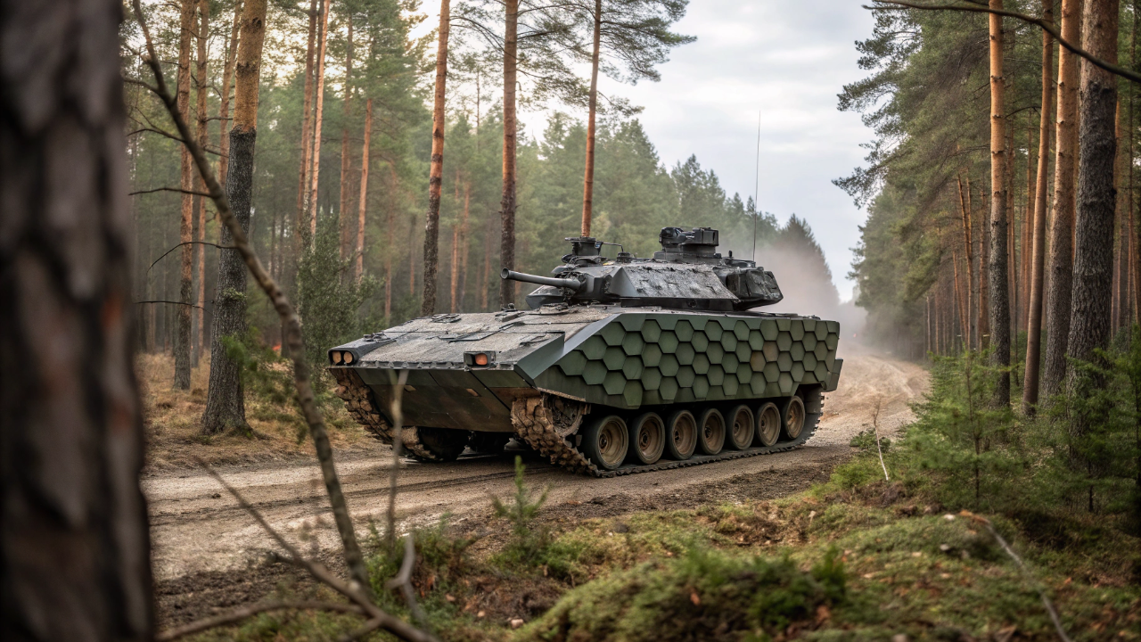 O veículo de infantaria sueco equipado com camuflagem térmica que o faz parecer 1 carro de passeio simples nos radares inimigos