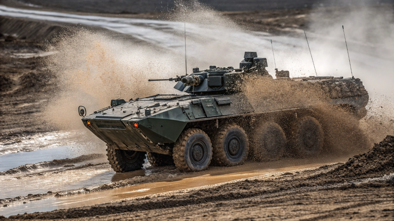 O blindado de rodas com suspensão hidropneumática ativa que ignora o terreno