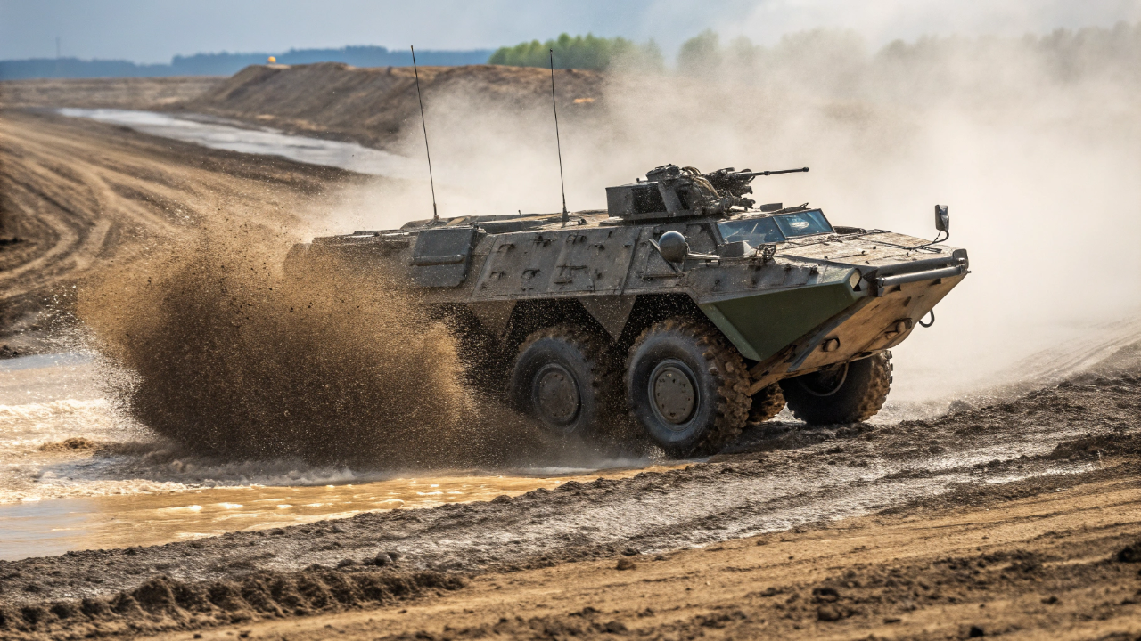 O blindado de rodas com suspensão hidropneumática ativa que ignora o terreno