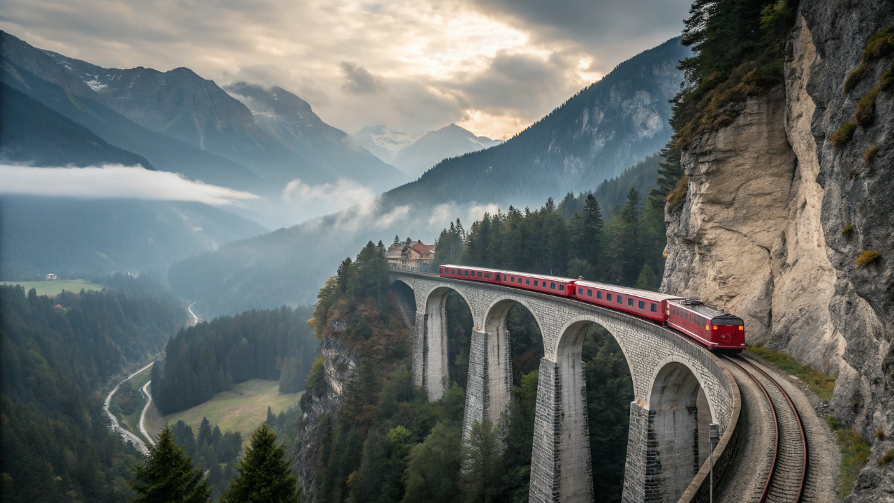 Esse trem cruza uma ponte curva no alto dos Alpes e some dentro de uma montanha logo em seguida
