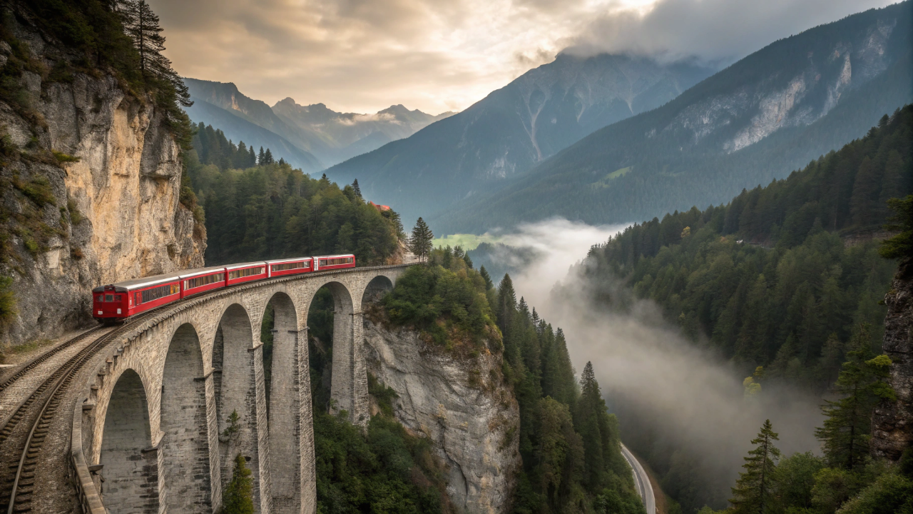 Esse trem cruza uma ponte curva no alto dos Alpes e some dentro de uma montanha logo em seguida