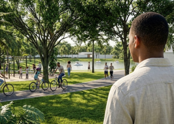 Vista panorâmica do novo Parque da Cidade com lazer e natureza.