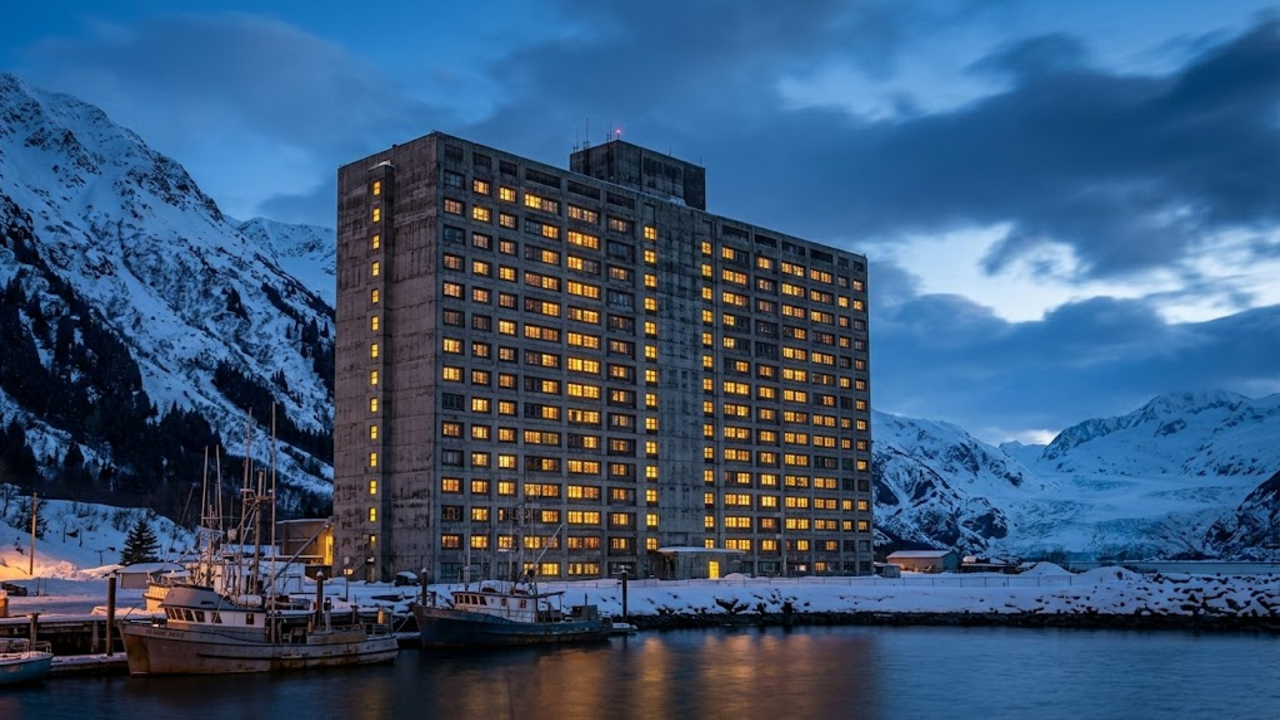 Prédio isolado no Alasca brilha contra montanhas nevadas