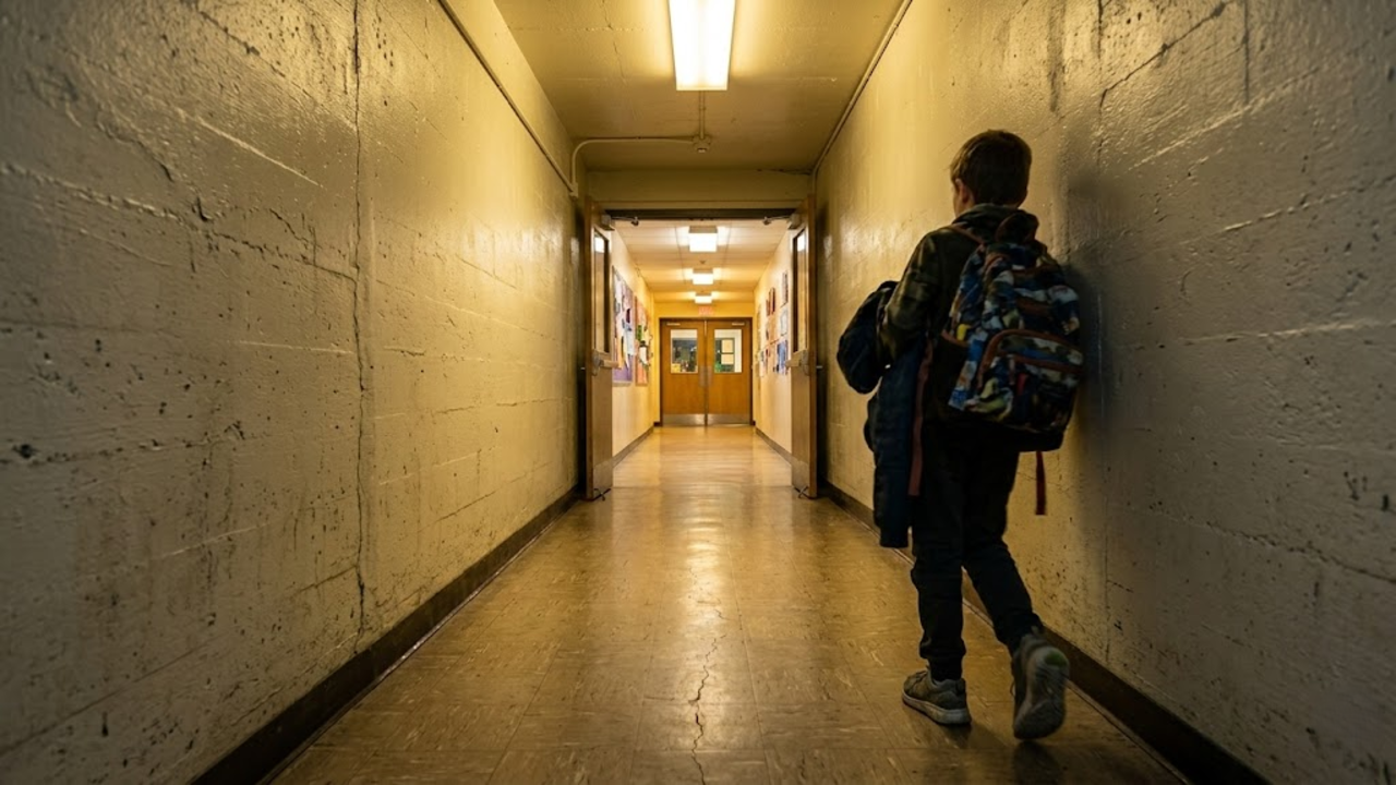Túnel de concreto iluminado que liga o prédio à escola