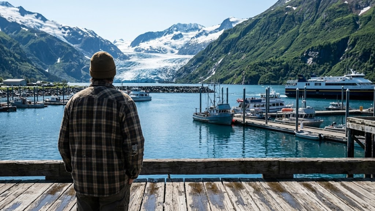 Vista de alguém observando barcos e geleiras no porto