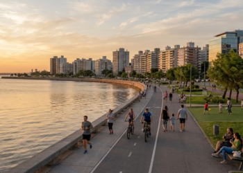 Pessoas observam o parque arborizado e bem cuidado em Montevidéu