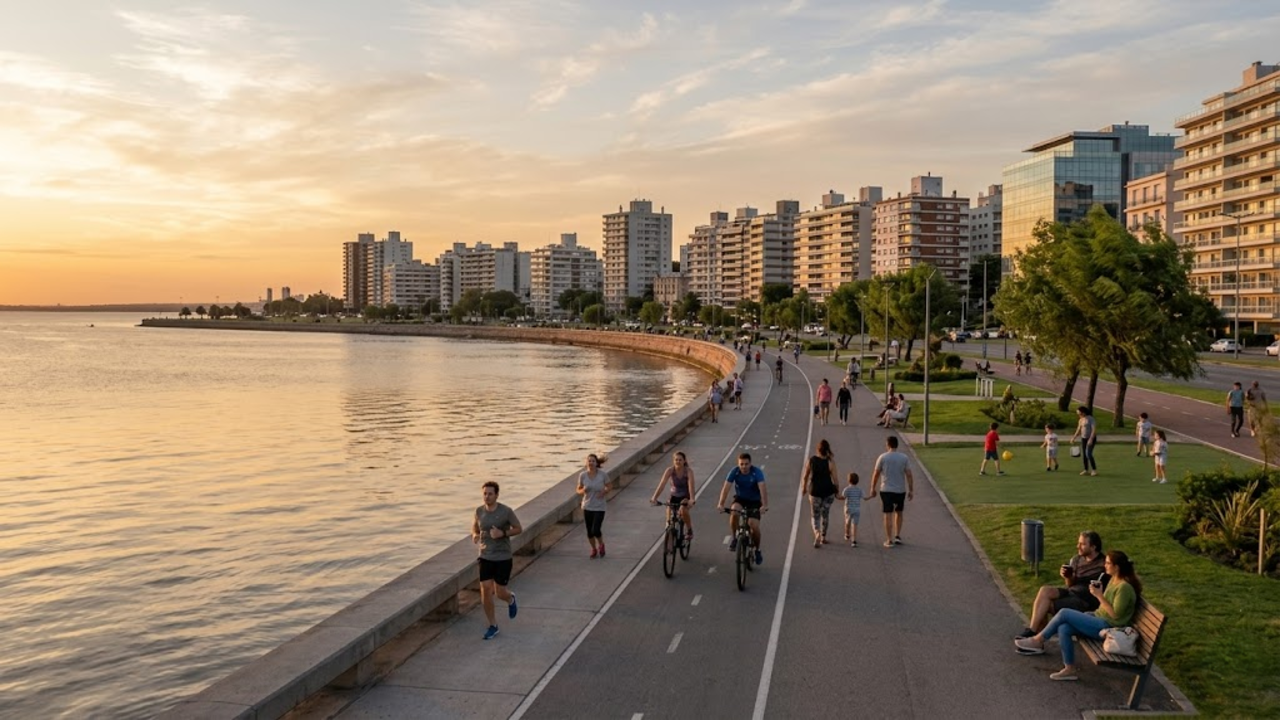 Pessoas observam o parque arborizado e bem cuidado em Montevidéu