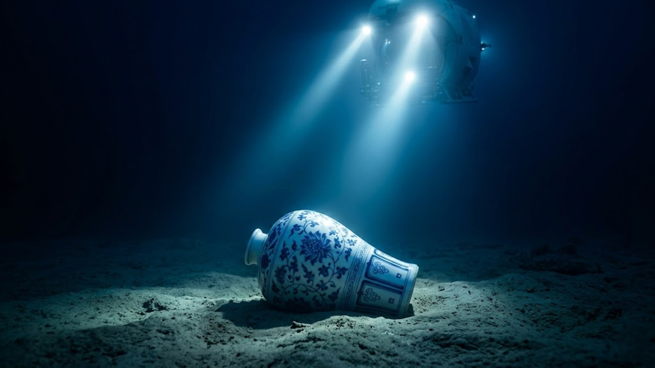 vaso de porcelana ming iluminado no fundo do oceano profundo