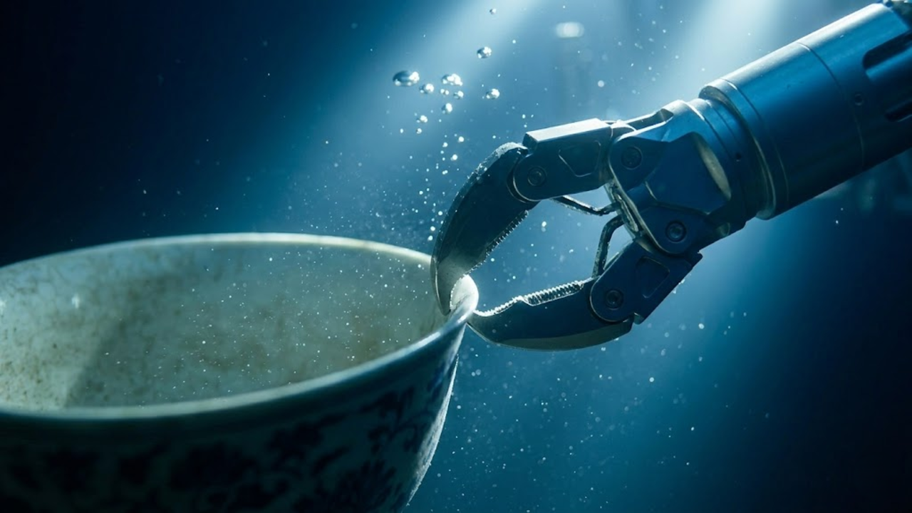 garra robótica resgatando delicadamente uma tigela de cerâmica antiga