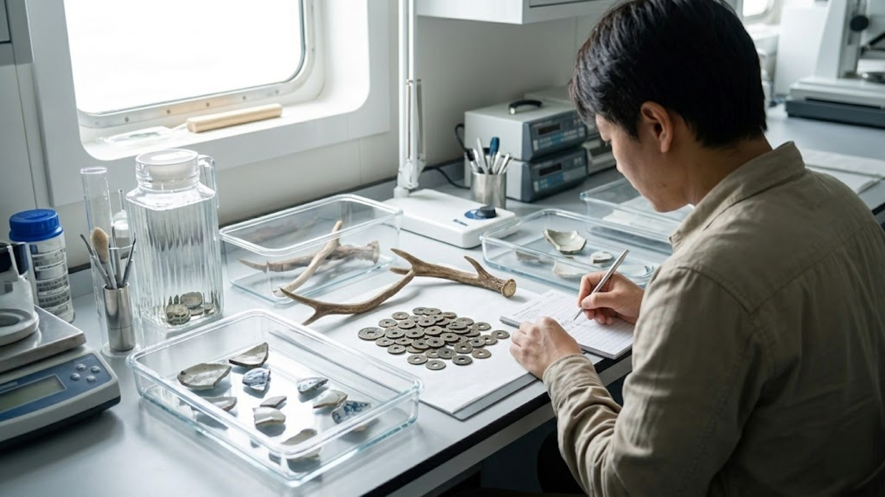 arqueólogo analisando moedas e chifres recuperados em um laboratório