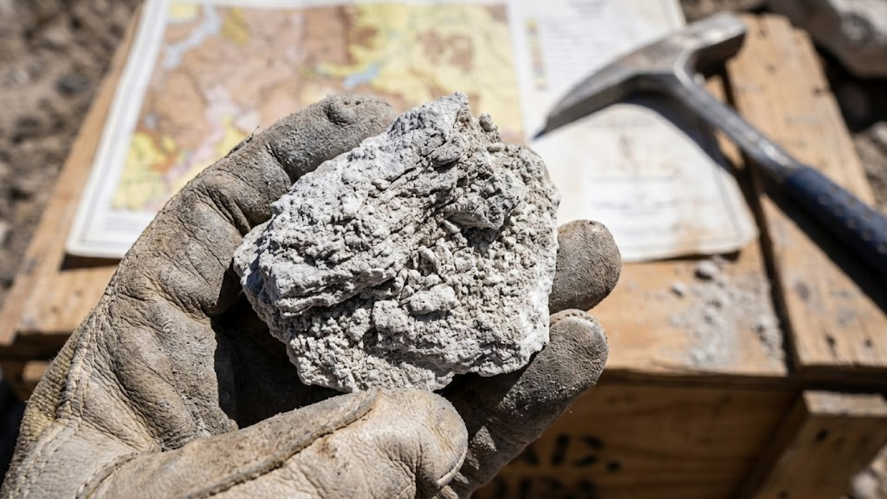 Mão segurando amostra real de argila de lítio sob sol forte