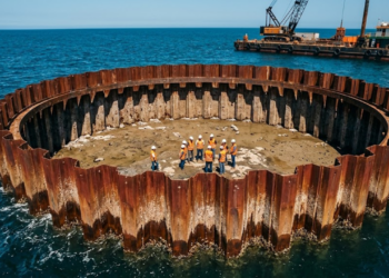 Ensecadeira gigante isolando o fundo do mar para obra de ponte