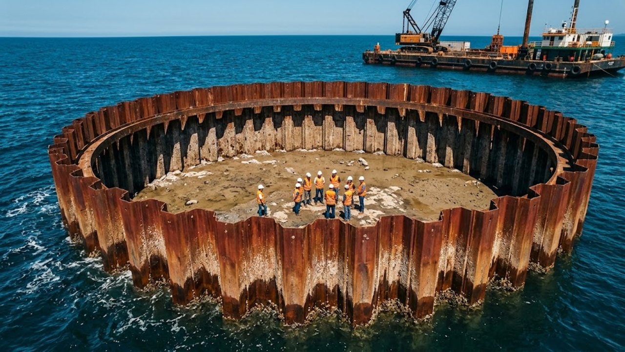 Ensecadeira gigante isolando o fundo do mar para obra de ponte