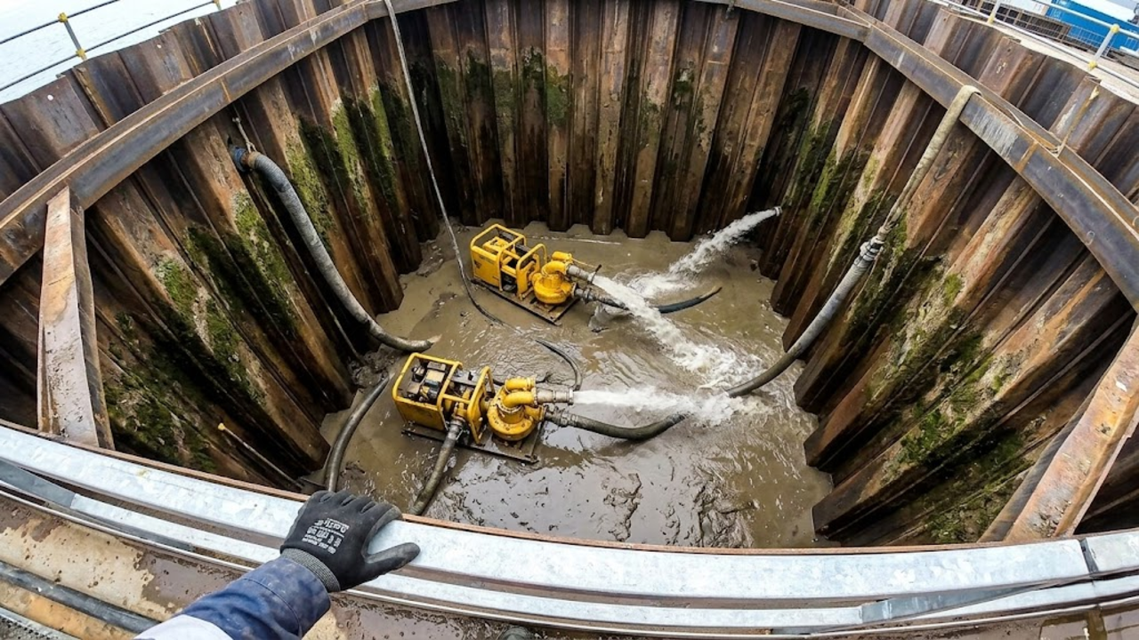 Visão do topo da ensecadeira mostrando as bombas em ação
