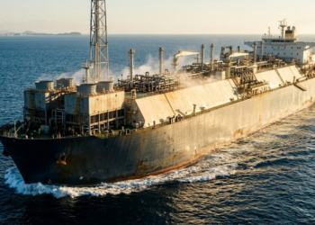 Navio gigante FLNG em ângulo heroico sob o sol tropical do Brasil