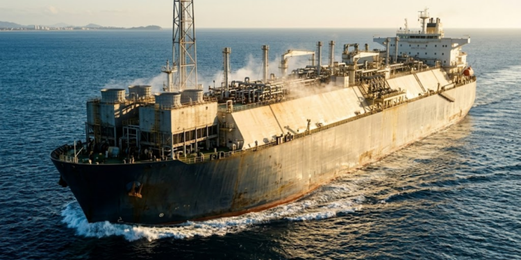 Navio gigante FLNG em ângulo heroico sob o sol tropical do Brasil