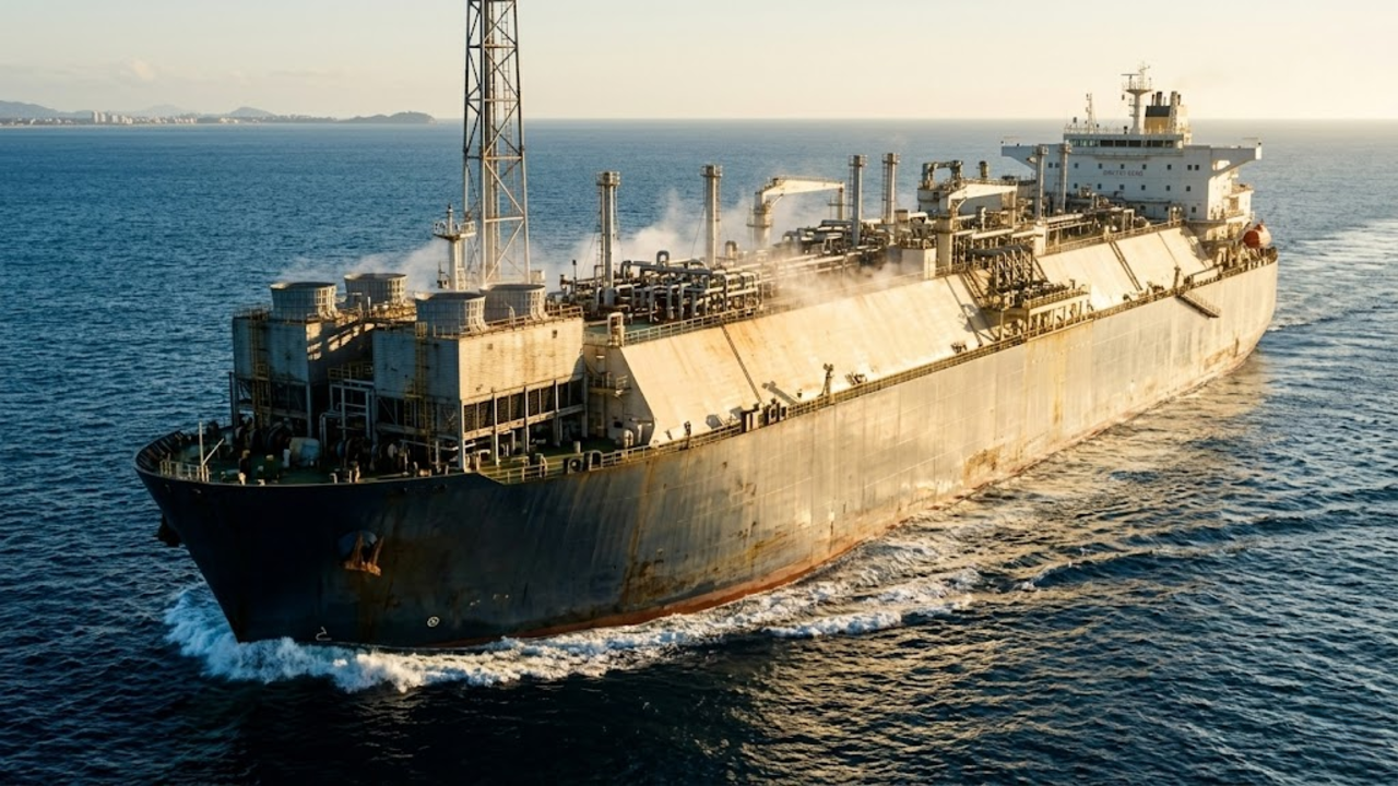 Navio gigante FLNG em ângulo heroico sob o sol tropical do Brasil