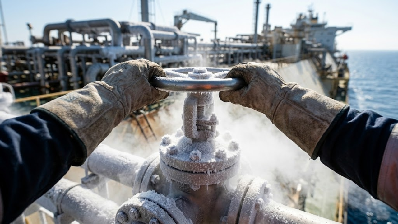 Mão de engenheiro ajustando válvula congelada a -162°C em alto mar