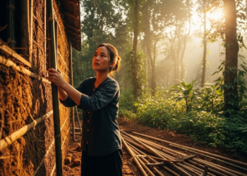 Jovem vietnamita constrói vila rústica na selva durante a golden hour