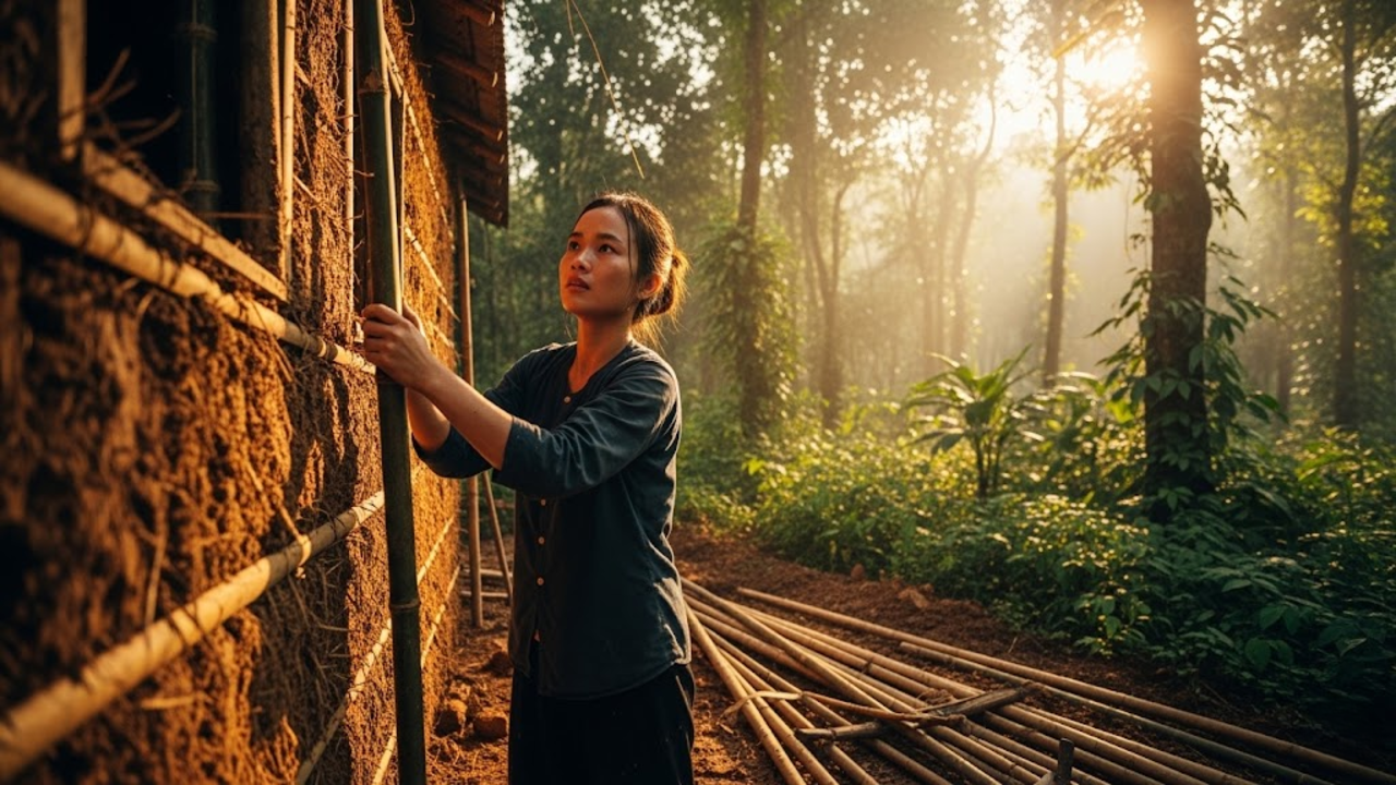 Jovem vietnamita constrói vila rústica na selva durante a golden hour